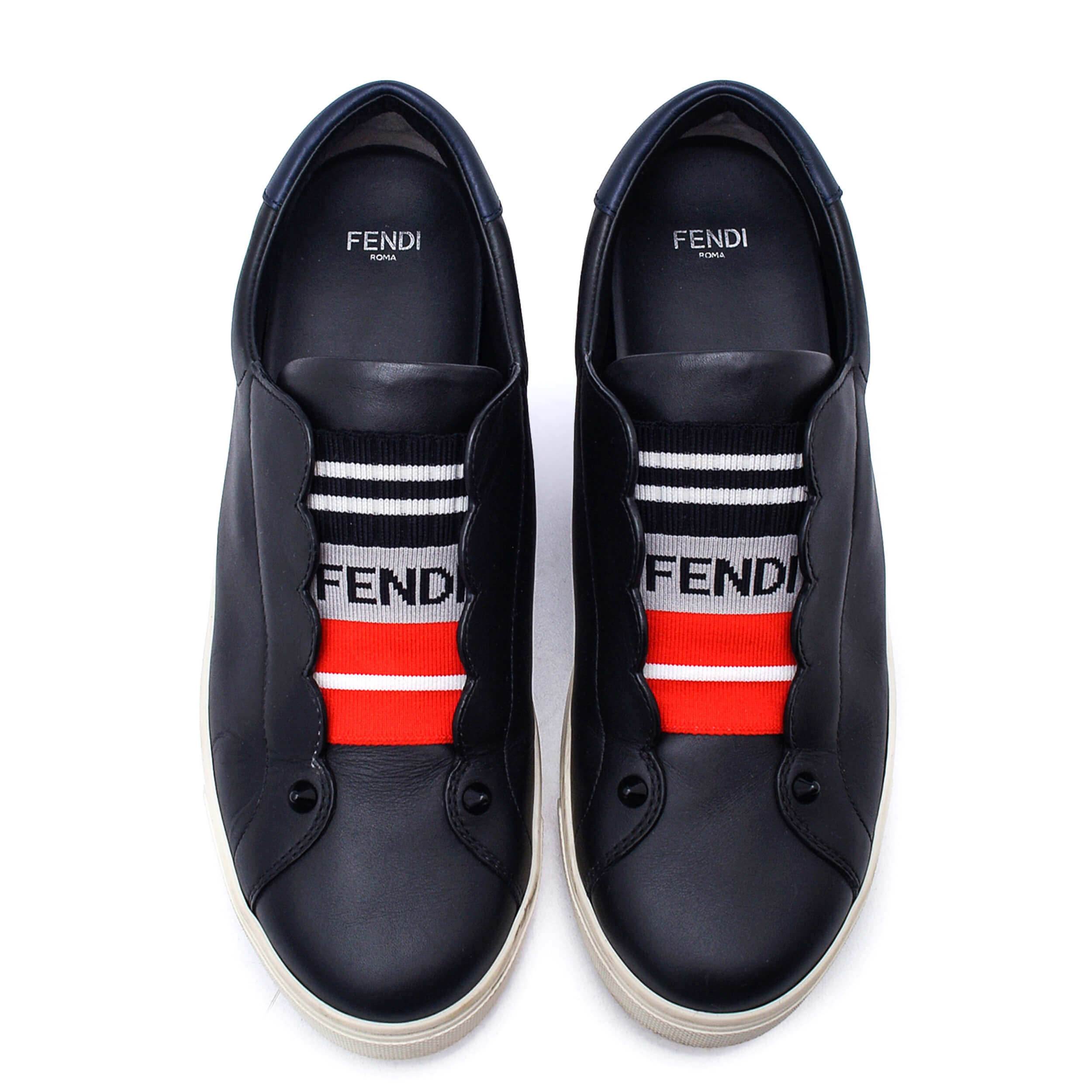 Fendi - Black Leather Rockoko Scallop Slip On Sneakers / 38